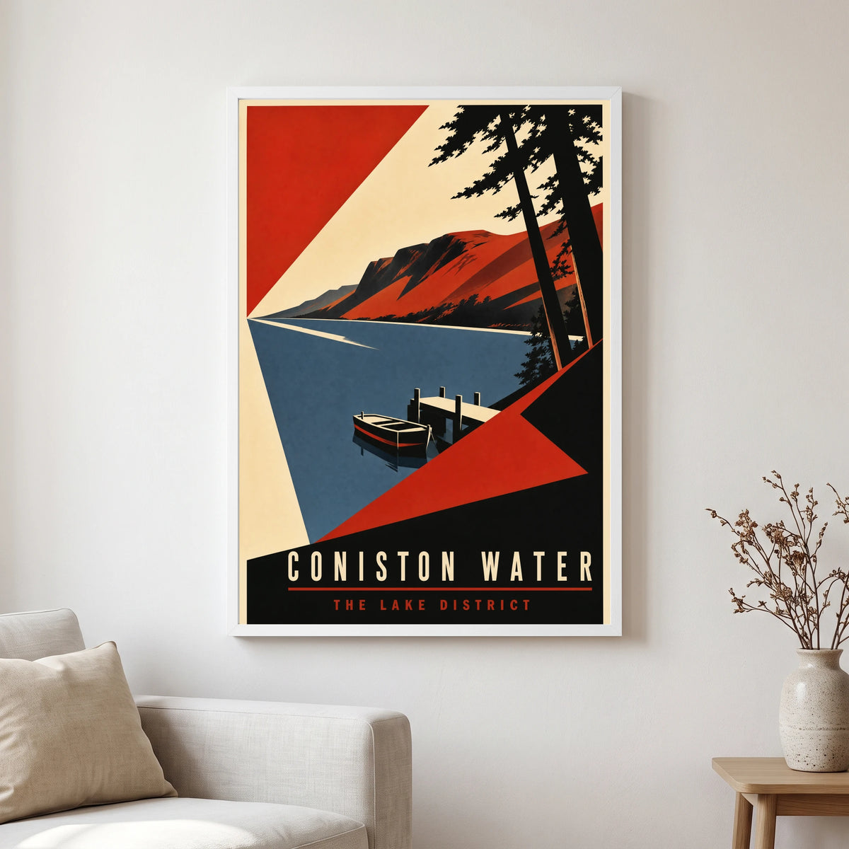 Coniston Water travel poster in a white frame, hanging in a living2