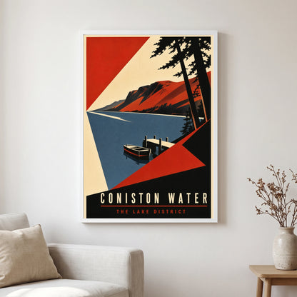 Coniston Water travel poster in a white frame, hanging in a living2