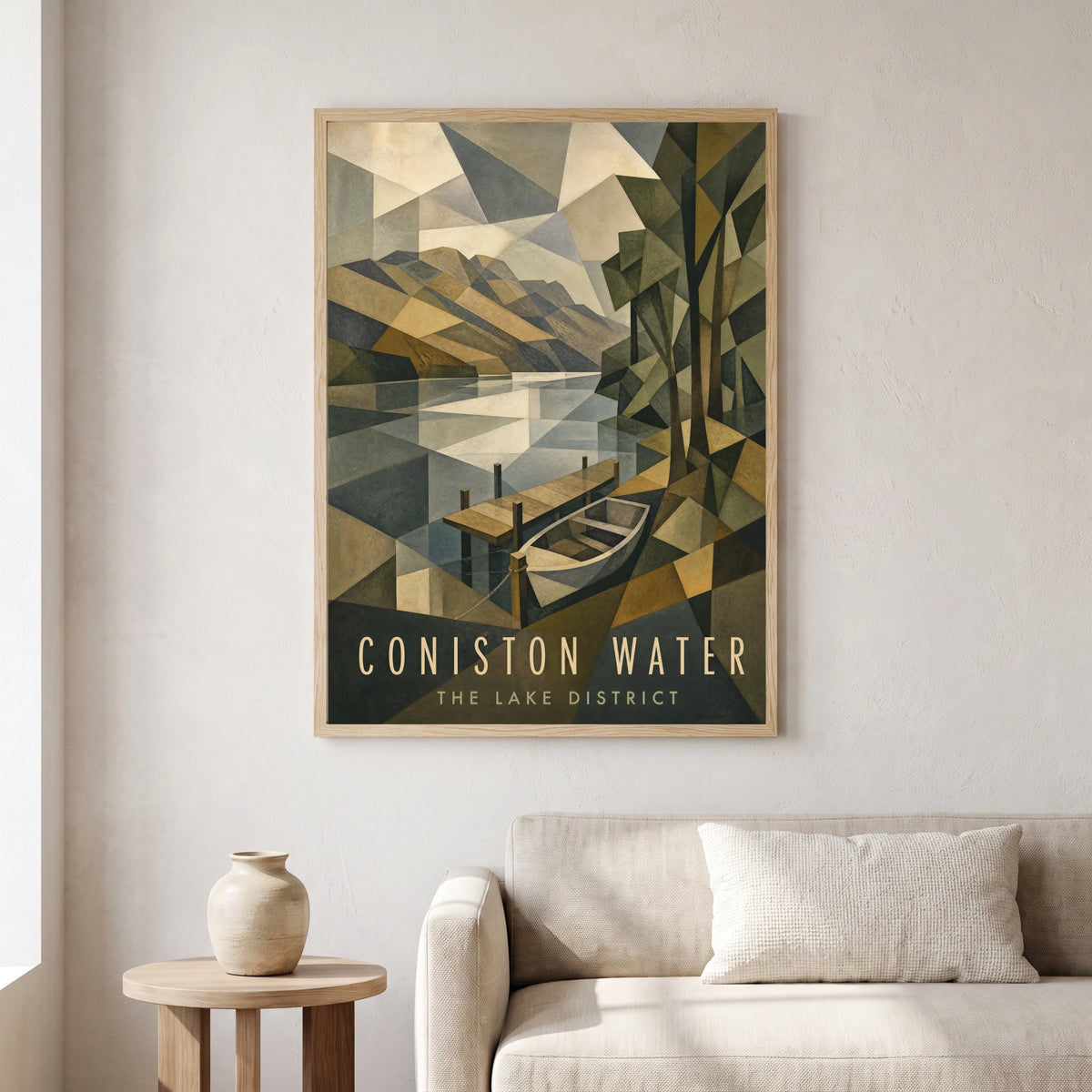 Coniston Water travel poster in a natural frame, hanging in a living