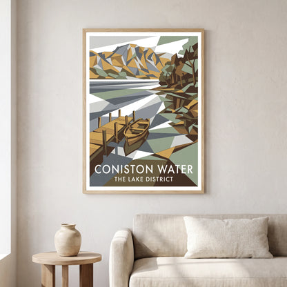 Coniston Water travel poster in a natural frame, hanging in a living