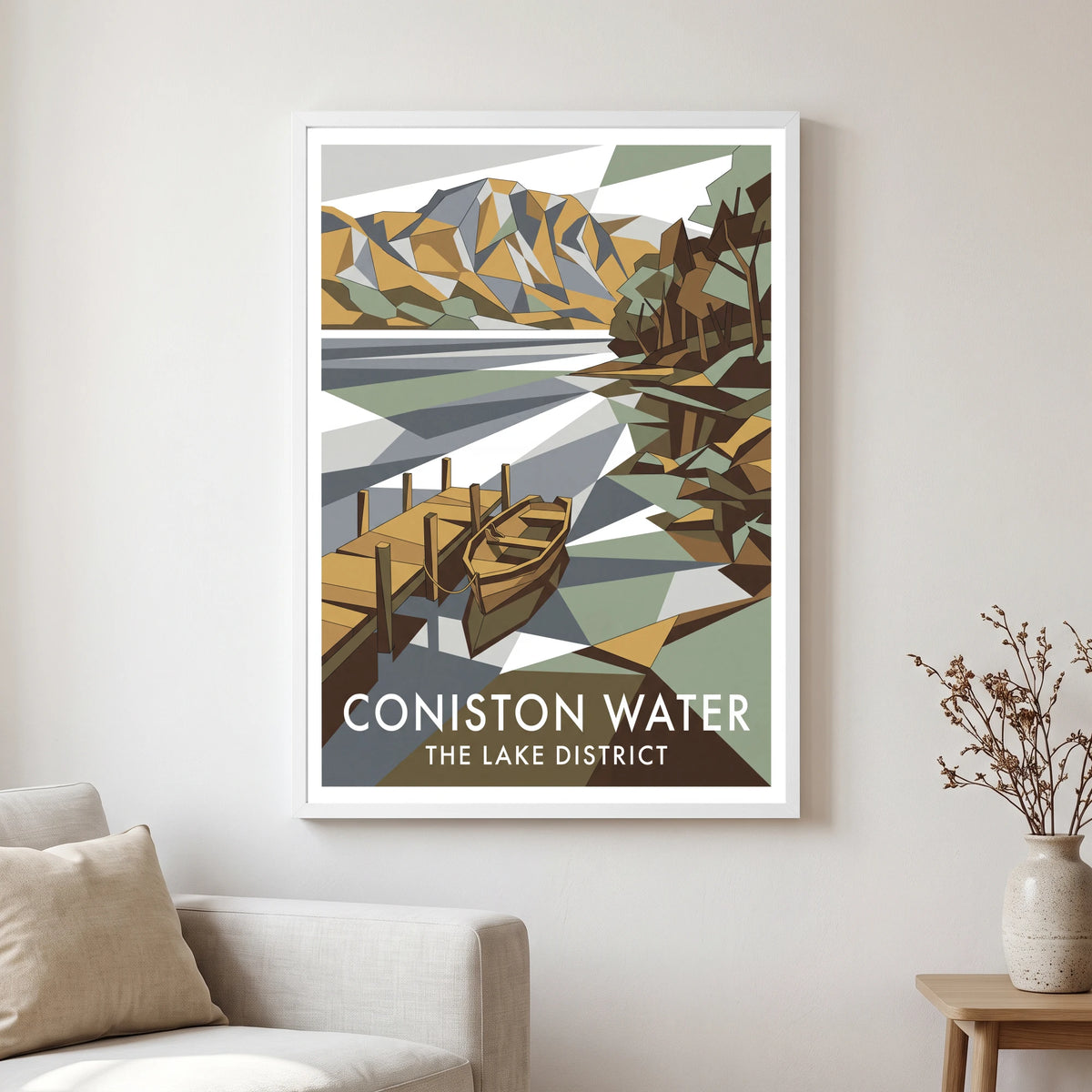 Coniston Water travel poster in a white frame, hanging in a living2