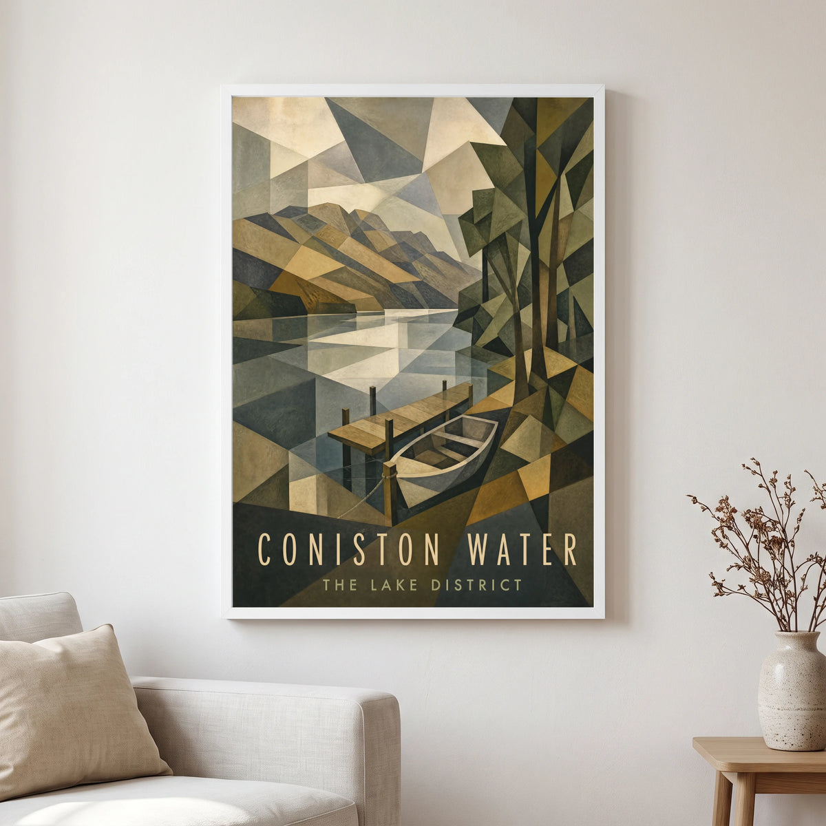 Coniston Water travel poster in a white frame, hanging in a living2