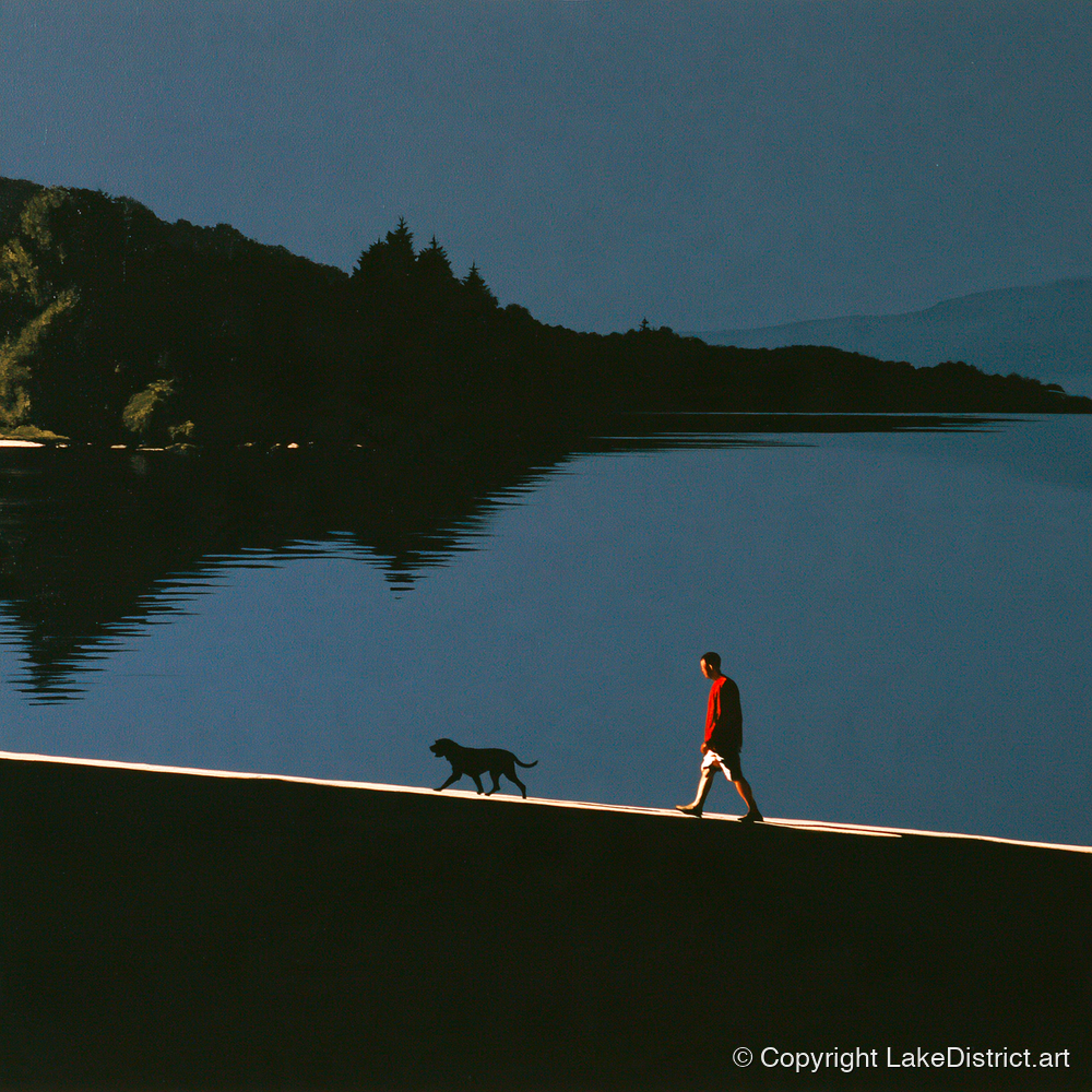 Coniston Water Dog Walk Silhouette - gifts for dog walkers art print and canvas by Adelaide Calloway A.I