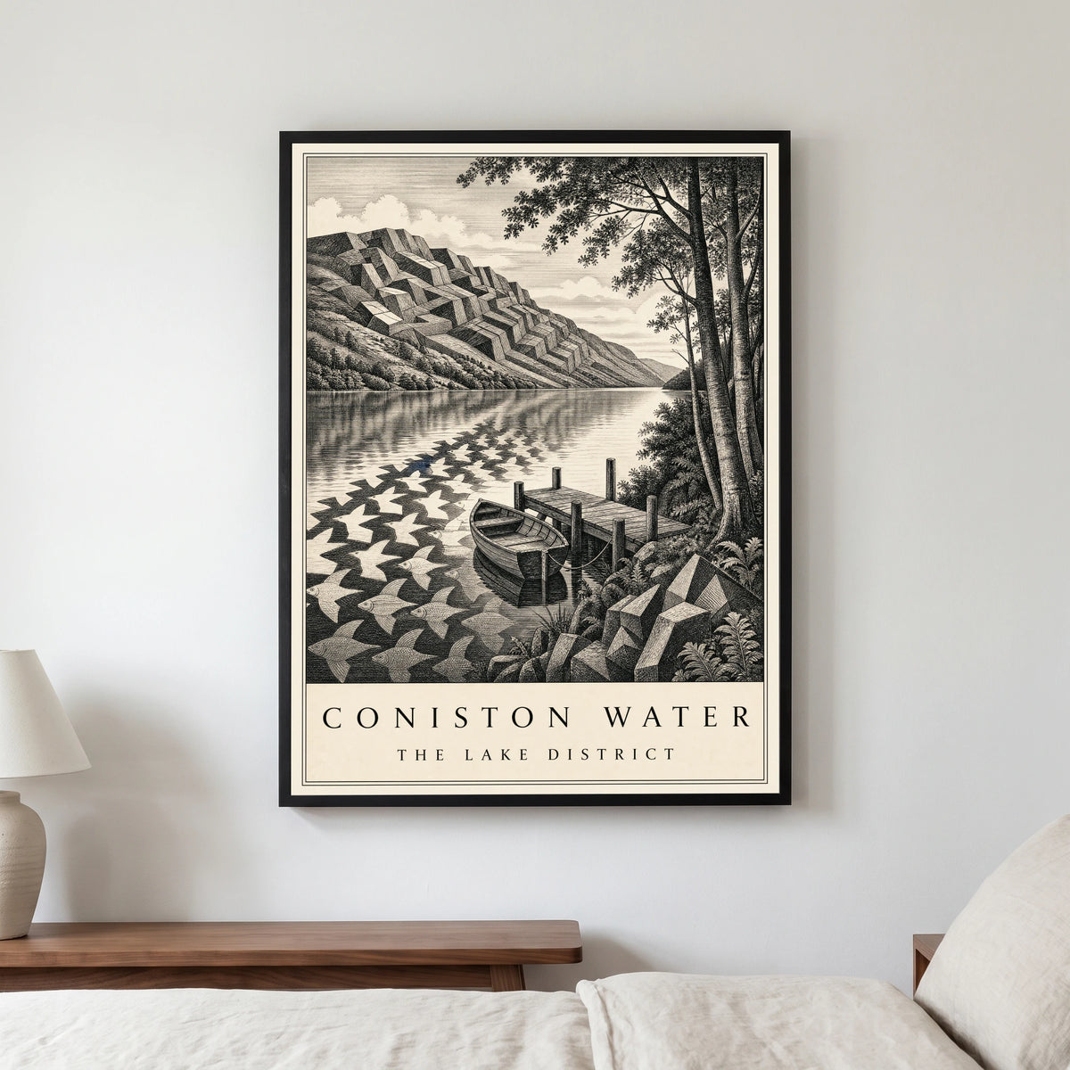 Coniston Water travel poster in a black frame, hanging in a bedroom3