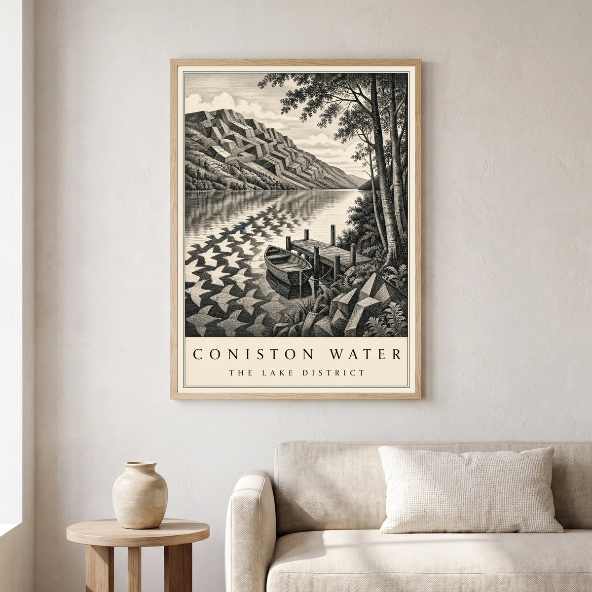 Coniston Water travel poster in a natural frame, hanging in a living