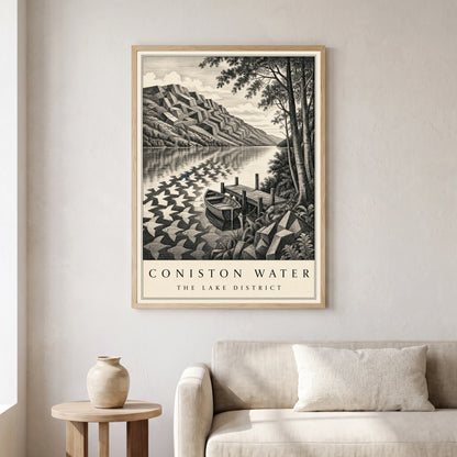 Coniston Water travel poster in a natural frame, hanging in a living