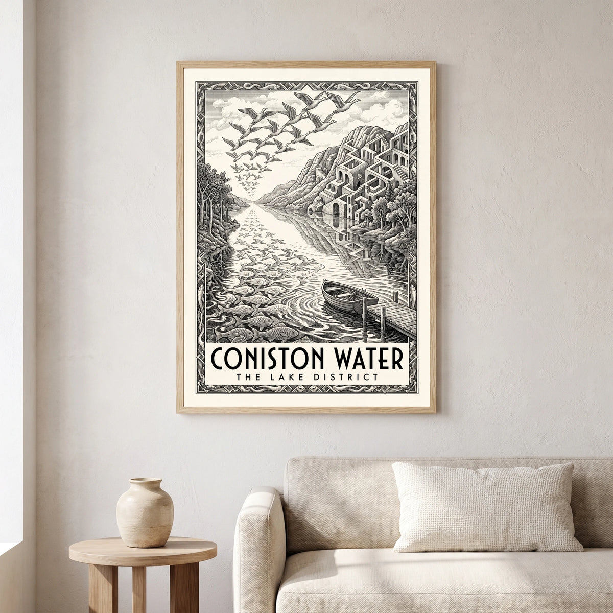Coniston Water travel poster in a natural frame, hanging in a living