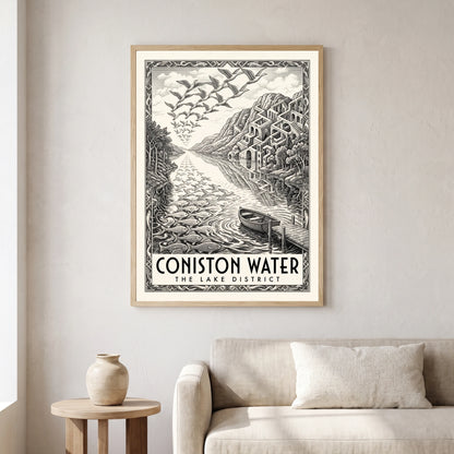 Coniston Water travel poster in a natural frame, hanging in a living