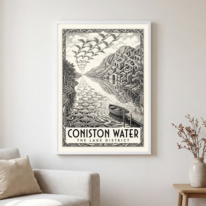 Coniston Water travel poster in a white frame, hanging in a living2