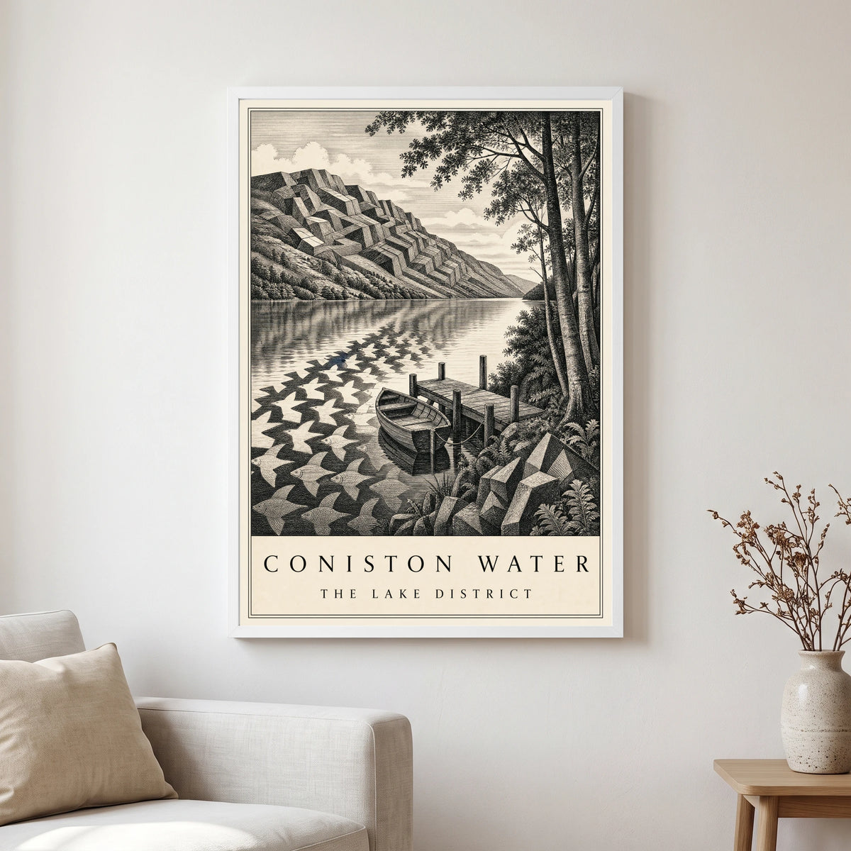 Coniston Water travel poster in a white frame, hanging in a living2