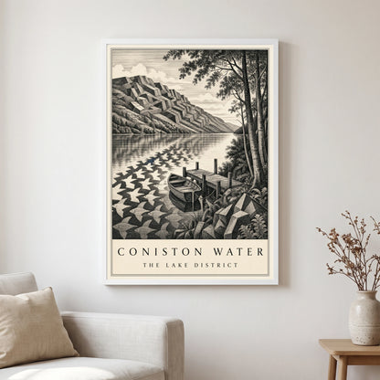 Coniston Water travel poster in a white frame, hanging in a living2