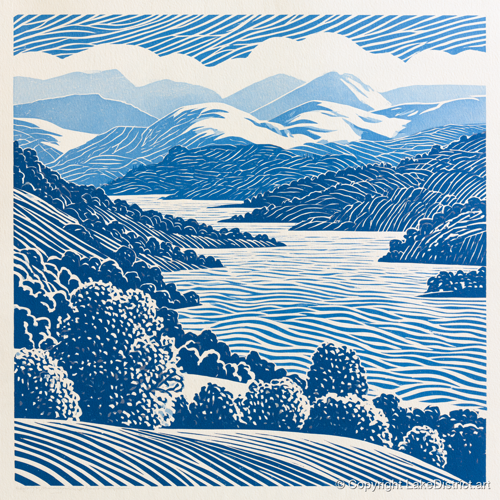 Coniston Water in Cobalt Blue - lake district lake art print and canvas by Hugh Lancaster A.I