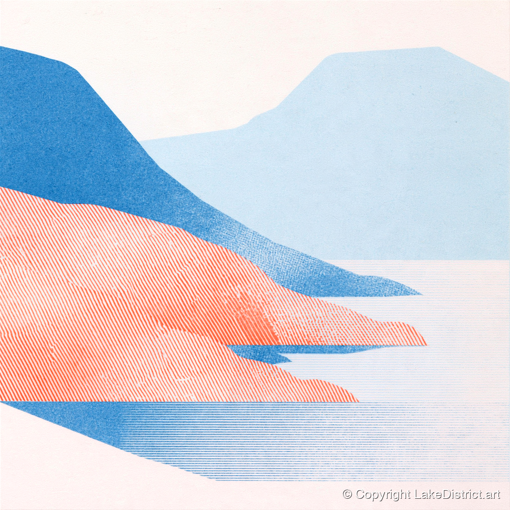 Coniston Water in Coral and Blue - lake district lake art print and canvas by Elliot Reid A.I
