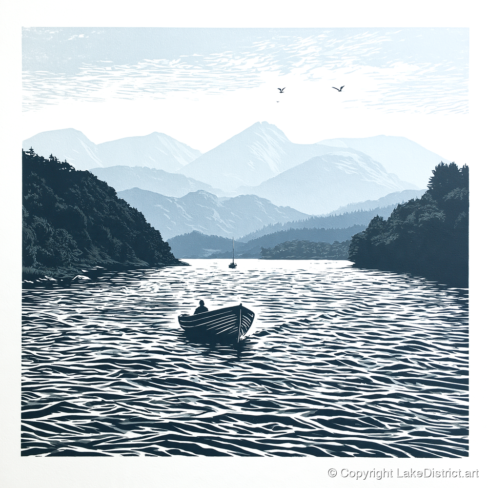 Coniston Water in Deep Navy - lake district lake art print and canvas by Alfred Morland A.I