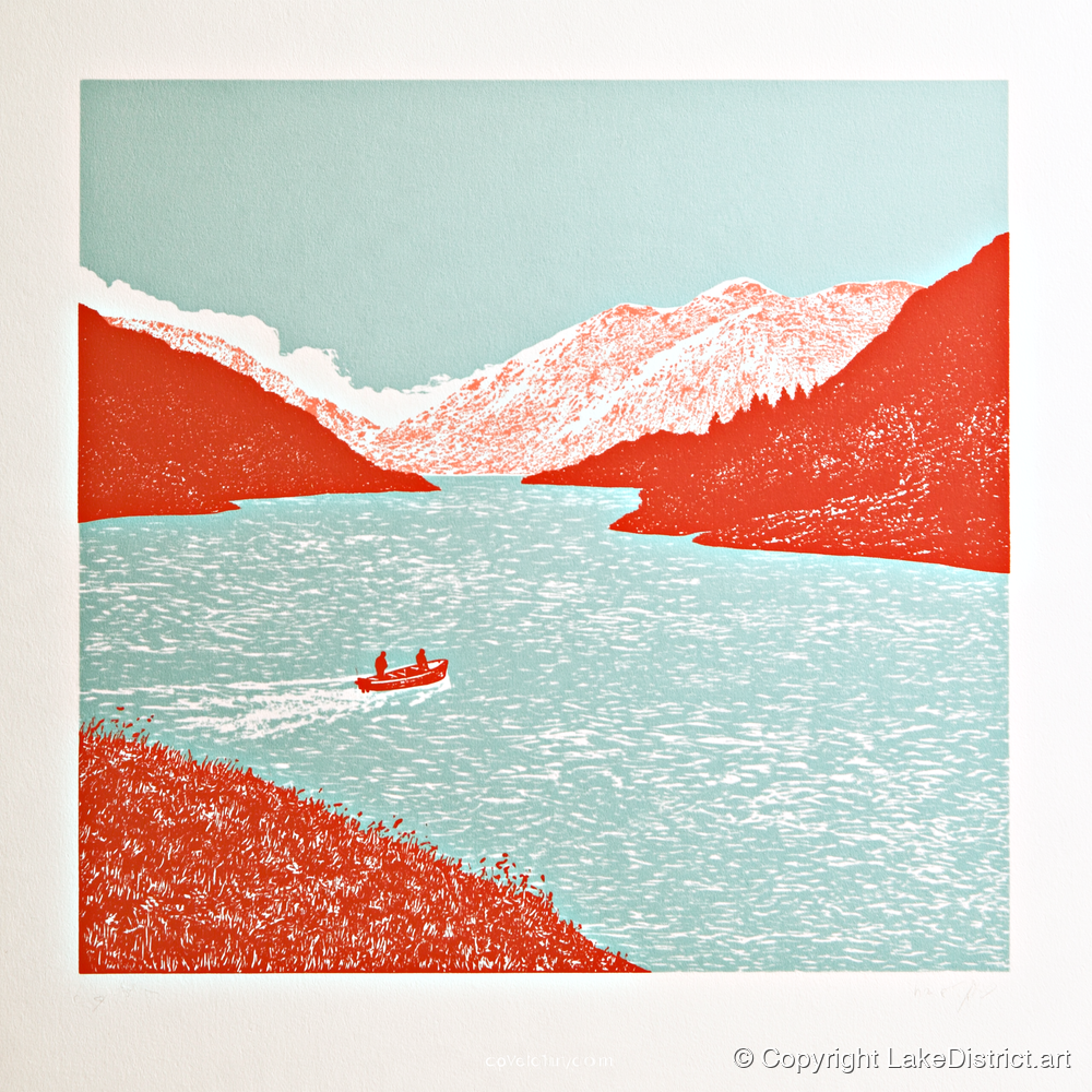 Coniston Water in Vivid Red - lake district lake art print and canvas by Edward Loxley A.I