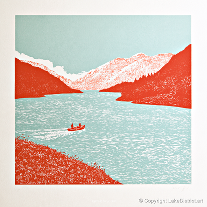 Coniston Water in Vivid Red - lake district lake art print and canvas by Edward Loxley A.I