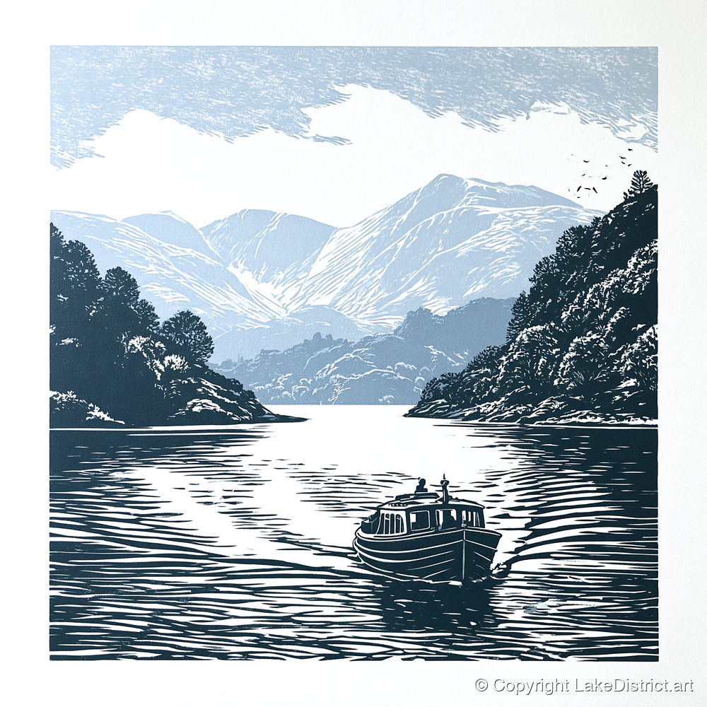 Coniston Water Launch in Navy - lake district lake art print and canvas by Alfred Morland A.I