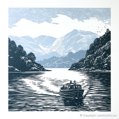Coniston Water Launch in Navy - lake district lake art print and canvas by Alfred Morland A.I