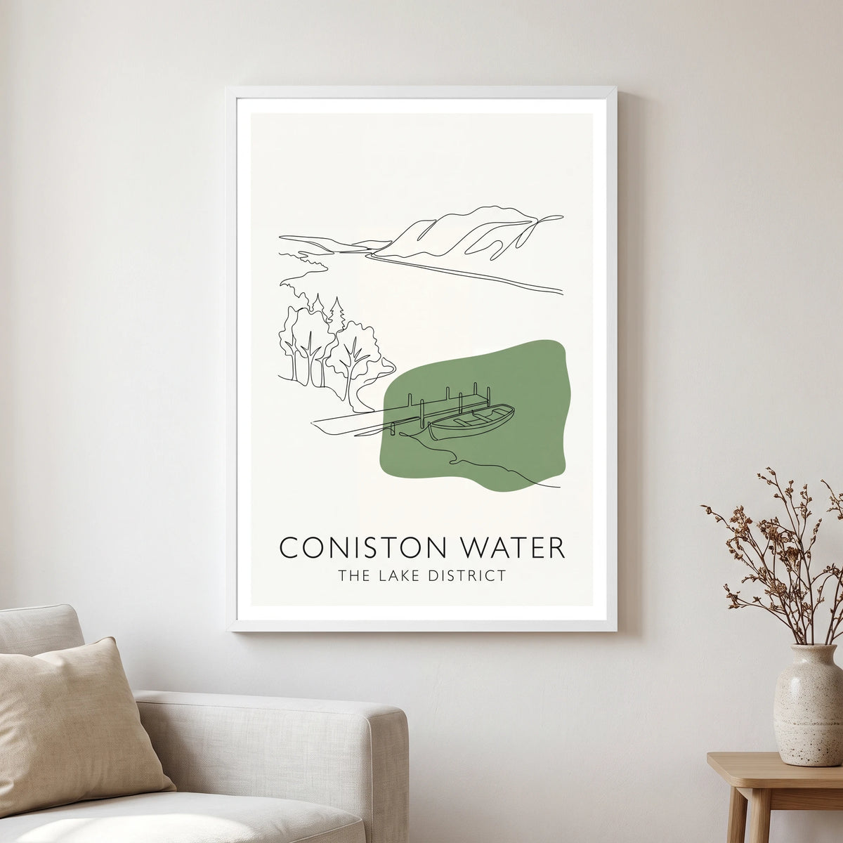 Coniston Water travel poster in a white frame, hanging in a living2
