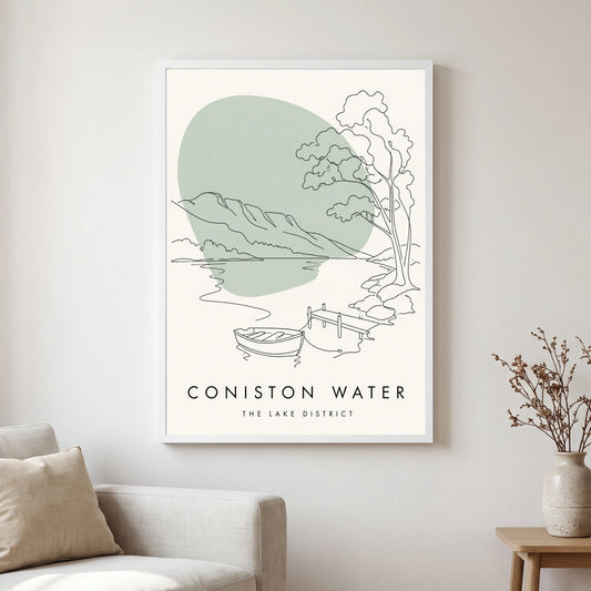 Coniston Water travel poster in a white frame, hanging in a living2