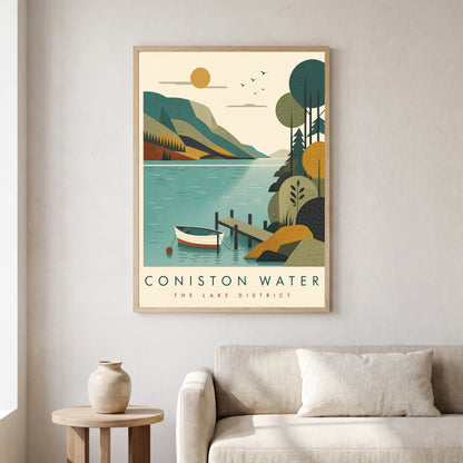 Coniston Water travel poster in a natural frame, hanging in a living