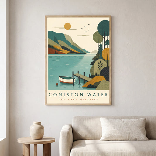 Coniston Water travel poster in a natural frame, hanging in a living