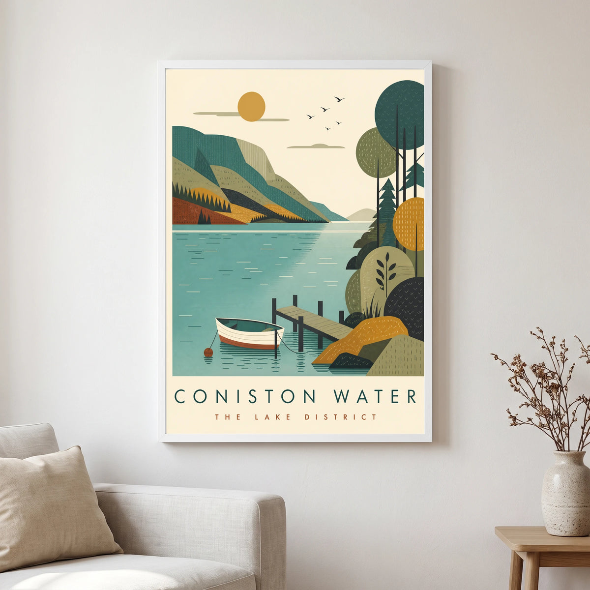 Coniston Water travel poster in a white frame, hanging in a living2