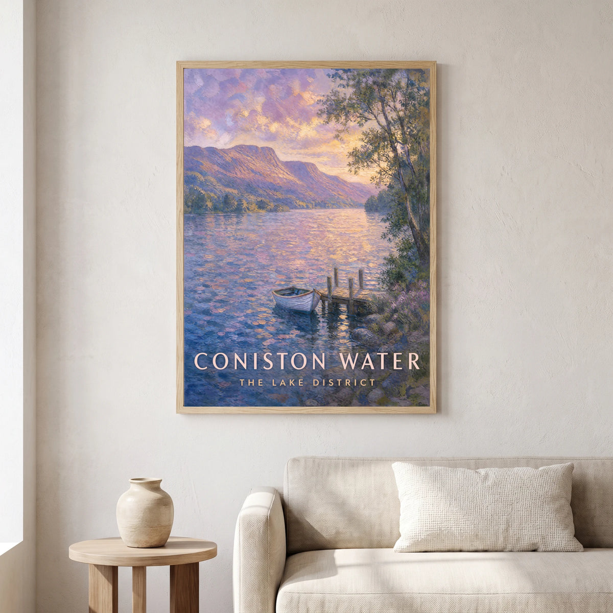 Coniston Water travel poster in a natural frame, hanging in a living