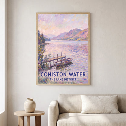 Coniston Water travel poster in a natural frame, hanging in a living