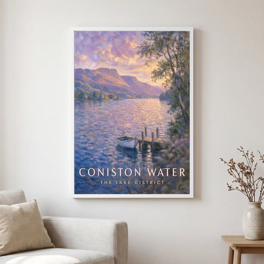 Coniston Water travel poster in a white frame, hanging in a living2