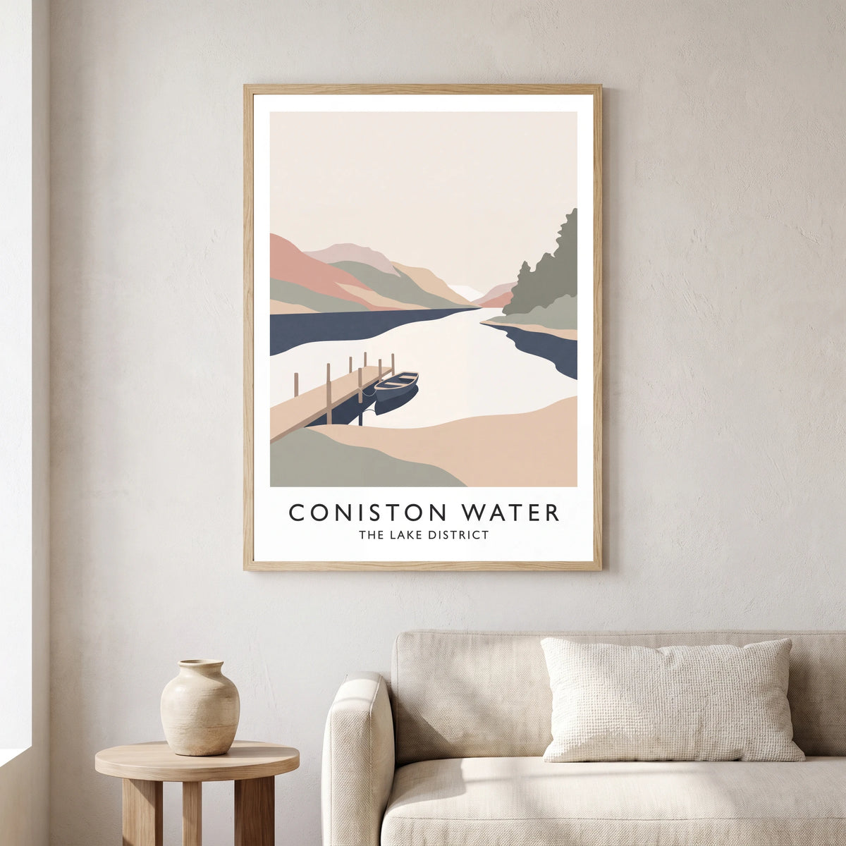 Coniston Water travel poster in a natural frame, hanging in a living