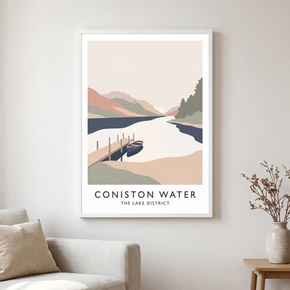 Coniston Water travel poster in a white frame, hanging in a living2