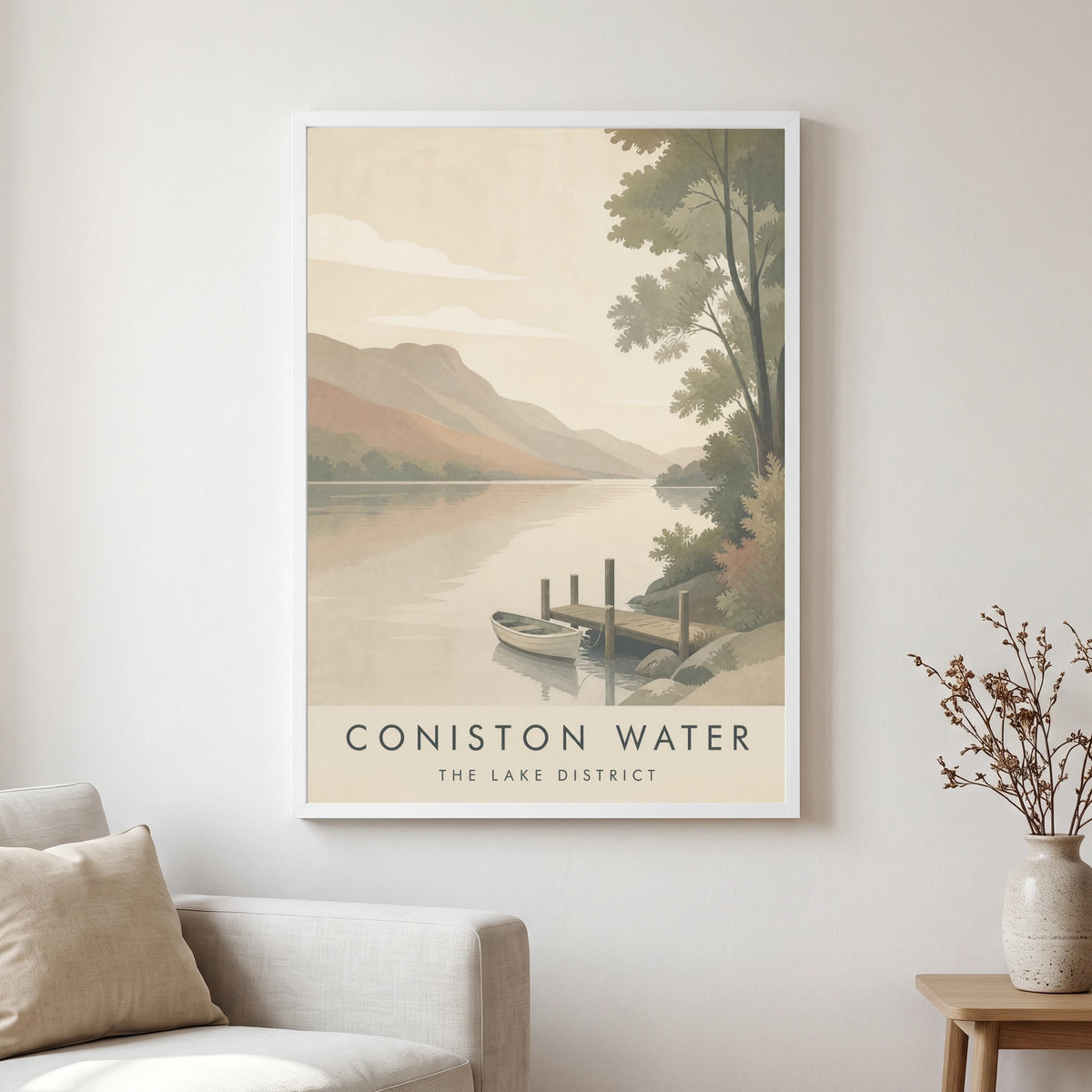 Coniston Water travel poster in a white frame, hanging in a living2
