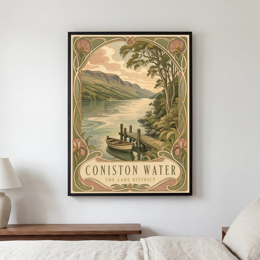 Coniston Water travel poster in a black frame, hanging in a bedroom3
