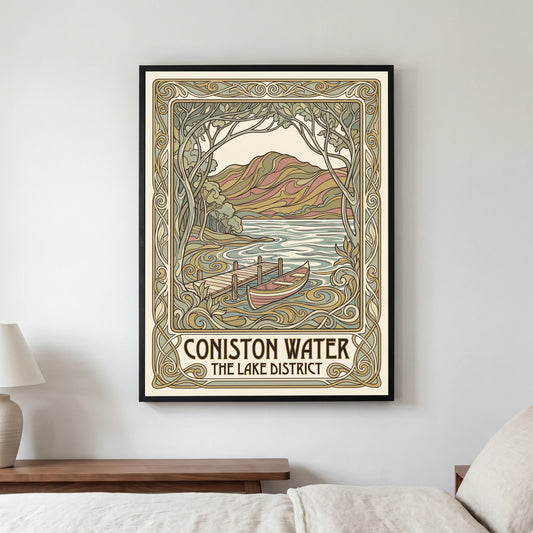 Coniston Water travel poster in a black frame, hanging in a bedroom3
