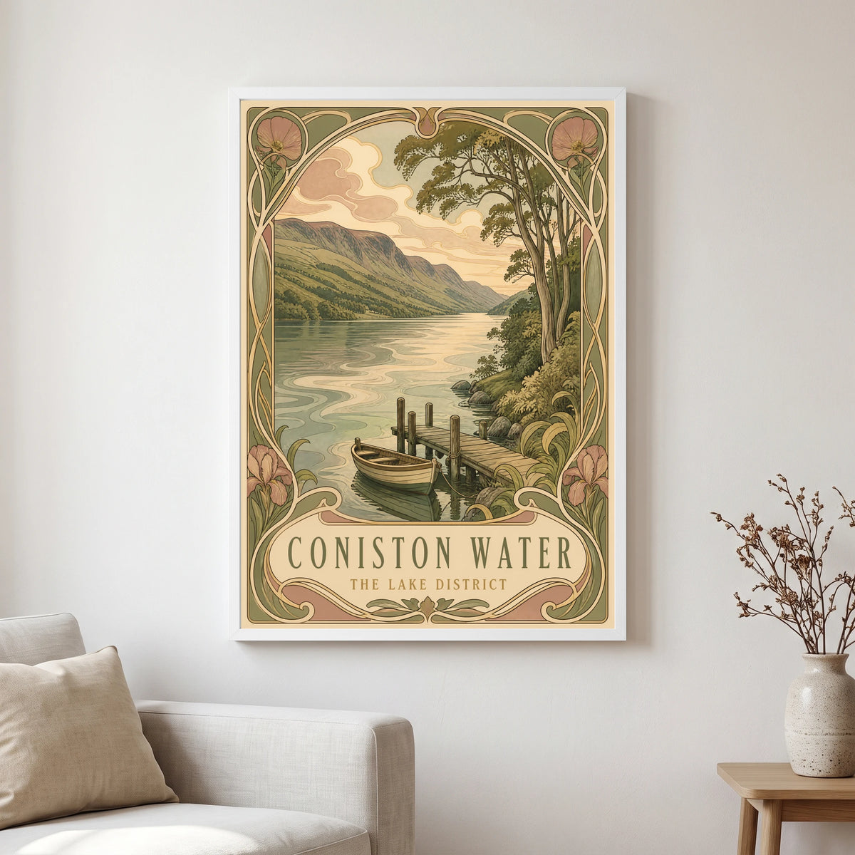 Coniston Water travel poster in a white frame, hanging in a living2