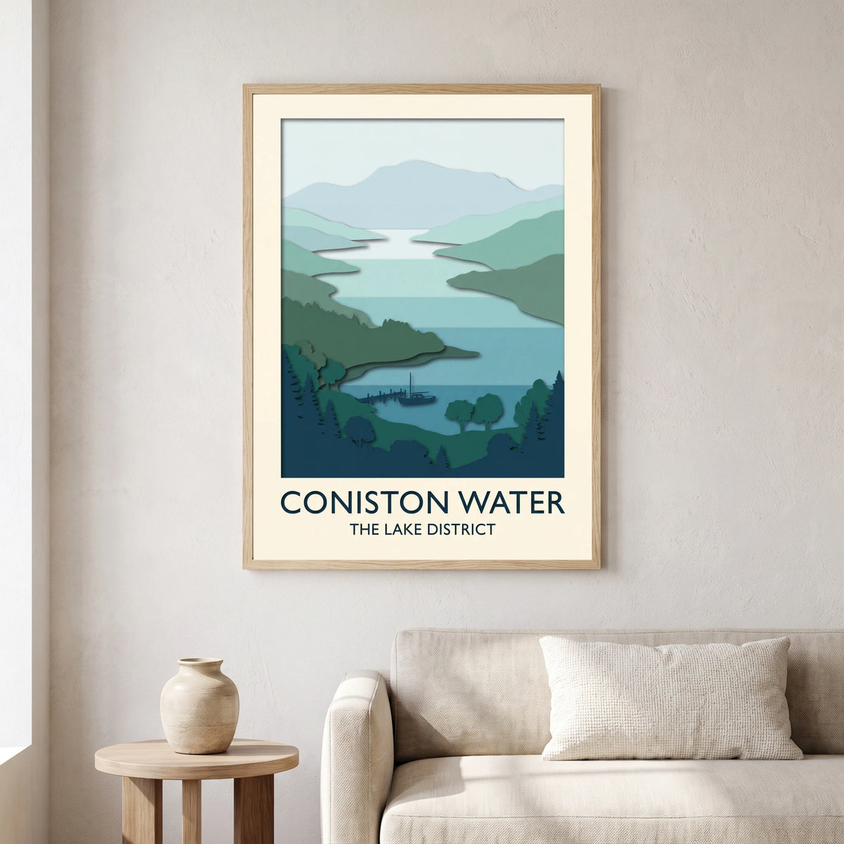Coniston Water travel poster in a natural frame, hanging in a living
