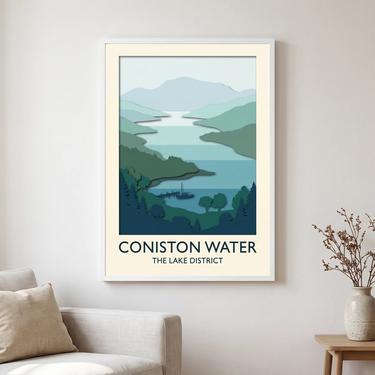 Coniston Water travel poster in a white frame, hanging in a living2
