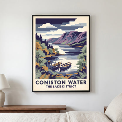 Coniston Water travel poster in a black frame, hanging in a bedroom3