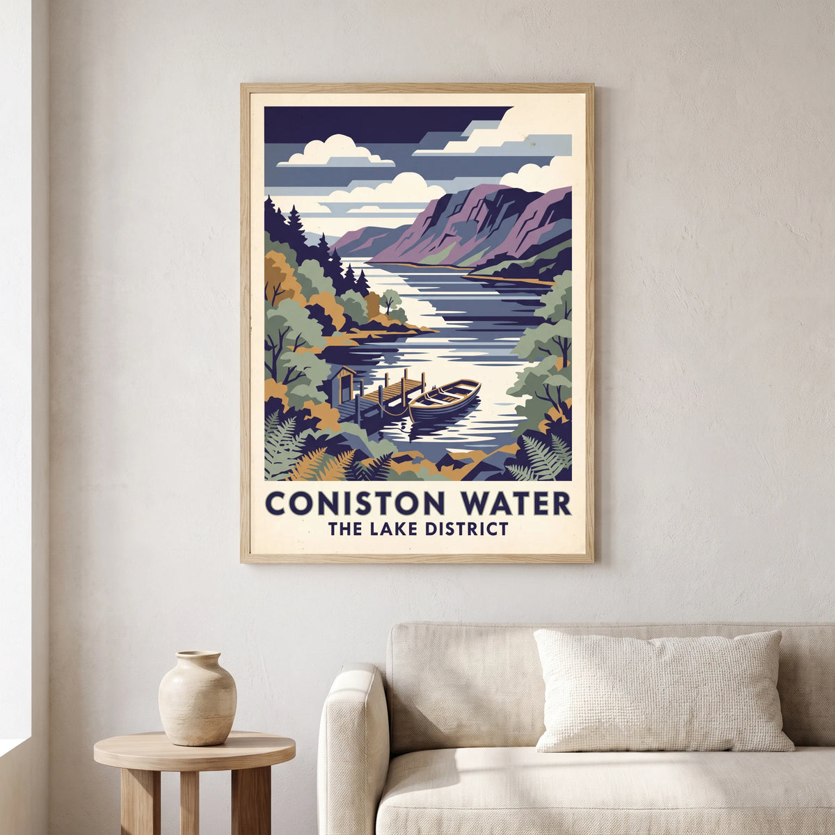 Coniston Water travel poster in a natural frame, hanging in a living