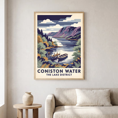 Coniston Water travel poster in a natural frame, hanging in a living