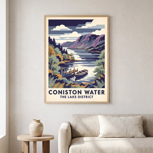Coniston Water travel poster in a natural frame, hanging in a living