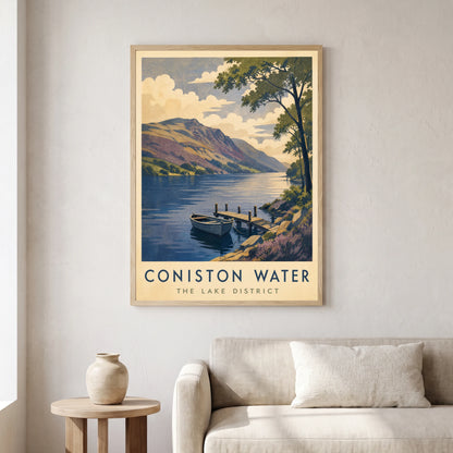 Coniston Water travel poster in a natural frame, hanging in a living