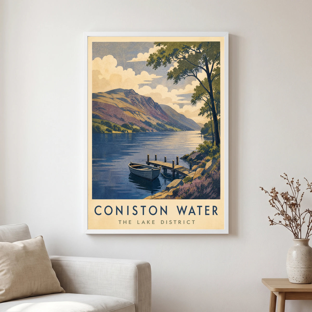 Coniston Water travel poster in a white frame, hanging in a living2