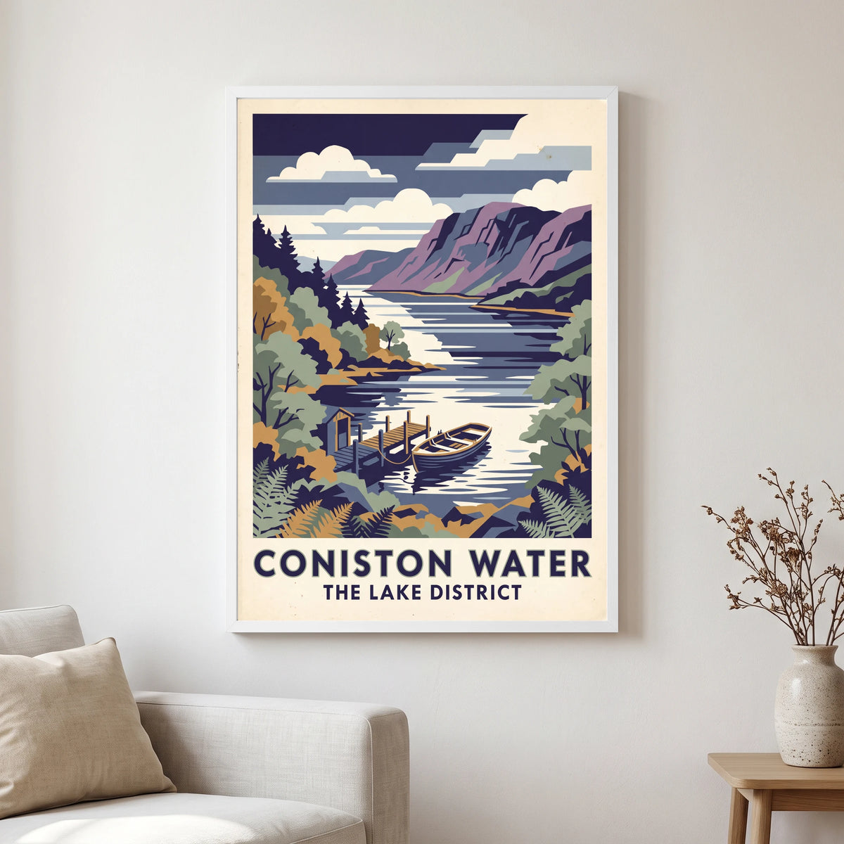 Coniston Water travel poster in a white frame, hanging in a living2