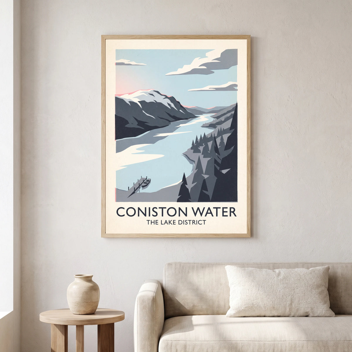 Coniston Water travel poster in a natural frame, hanging in a living