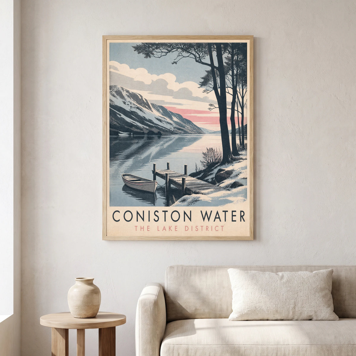 Coniston Water travel poster in a natural frame, hanging in a living