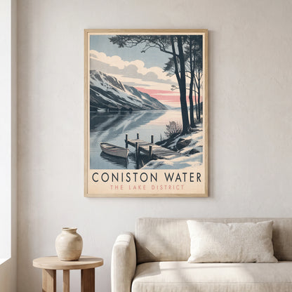 Coniston Water travel poster in a natural frame, hanging in a living