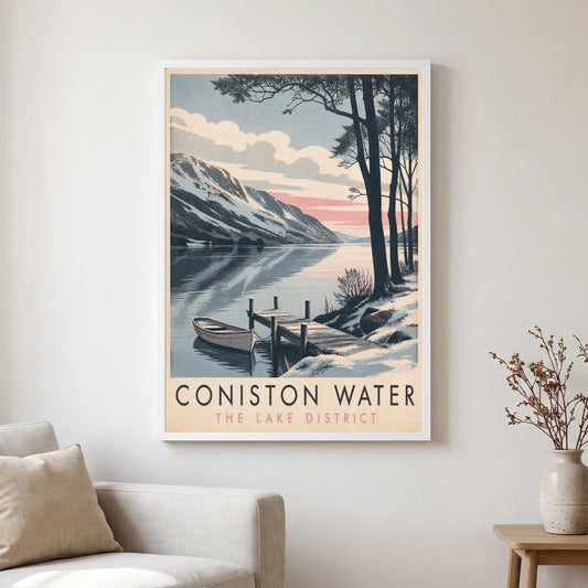 Coniston Water travel poster in a white frame, hanging in a living2