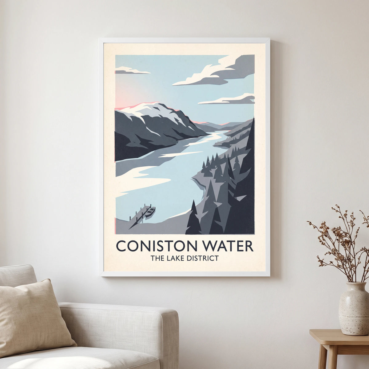Coniston Water travel poster in a white frame, hanging in a living2